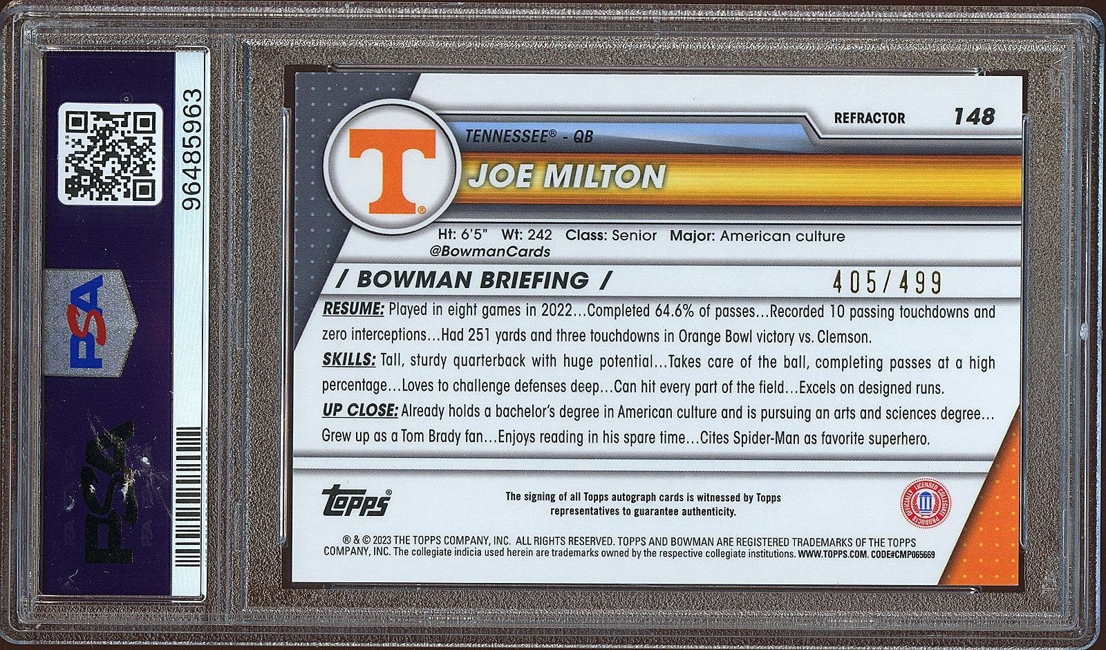 Joe Milton 2023 Bowman Chrome 1st Auto Autograph RC Tennessee Cowboys /499 PSA 9