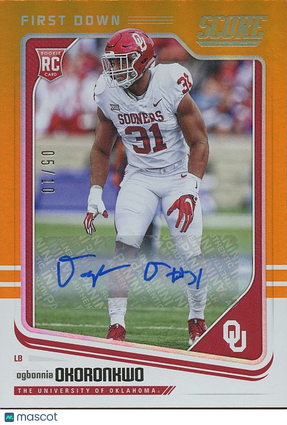 Ogbonnia Okoronkwo 2018 Score First Down Auto Autograph RC Oklahoma Sooners 5/10