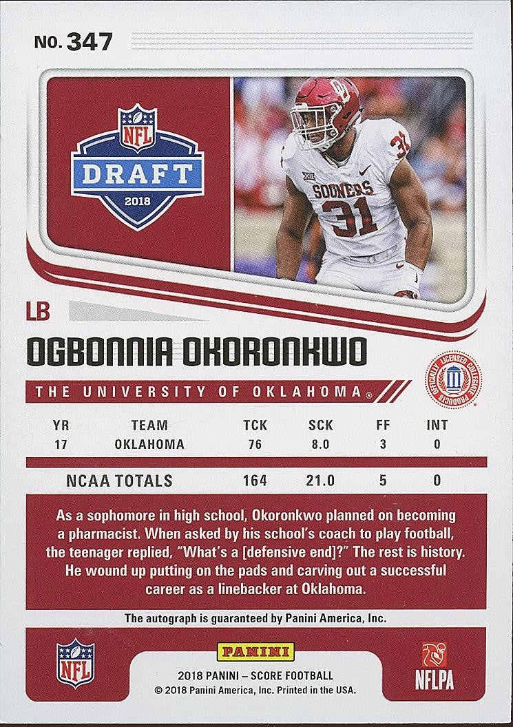 Ogbonnia Okoronkwo 2018 Score First Down Auto Autograph RC Oklahoma Sooners 5/10