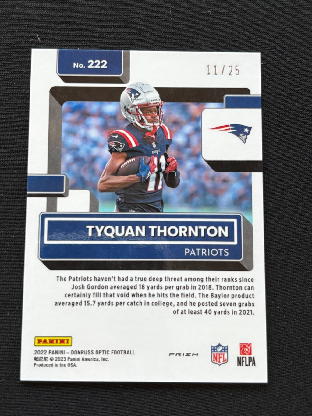 Tyquan Thornton 2022 Optic Rated Rookie Black Pandora JERSEY NUMBER 11/25