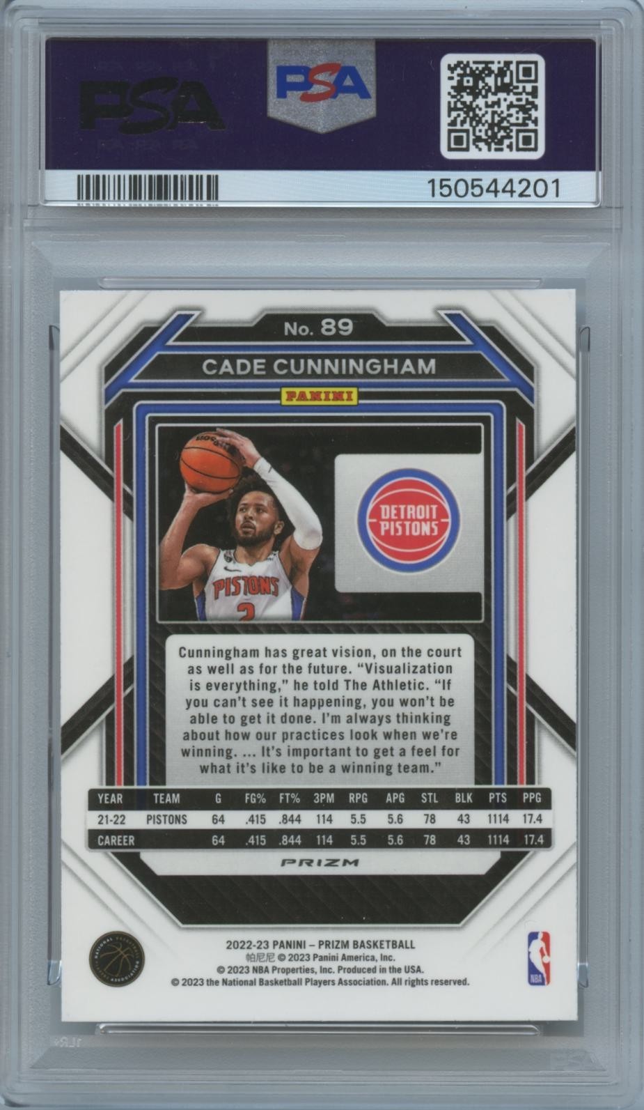 Cade Cunningham 2022-23 Prizm Red Sparkle Prizm SSP Detroit Pistons PSA 9
