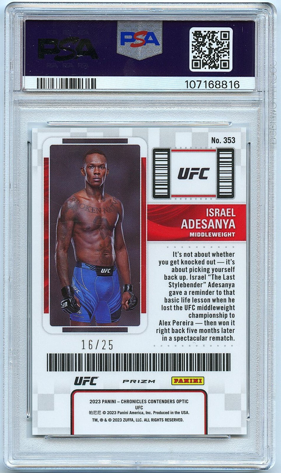 Israel Adesanya 2023 Contenders Optic Cracked Ice Prizxm SSP UFC MMA 16/25 PSA 9