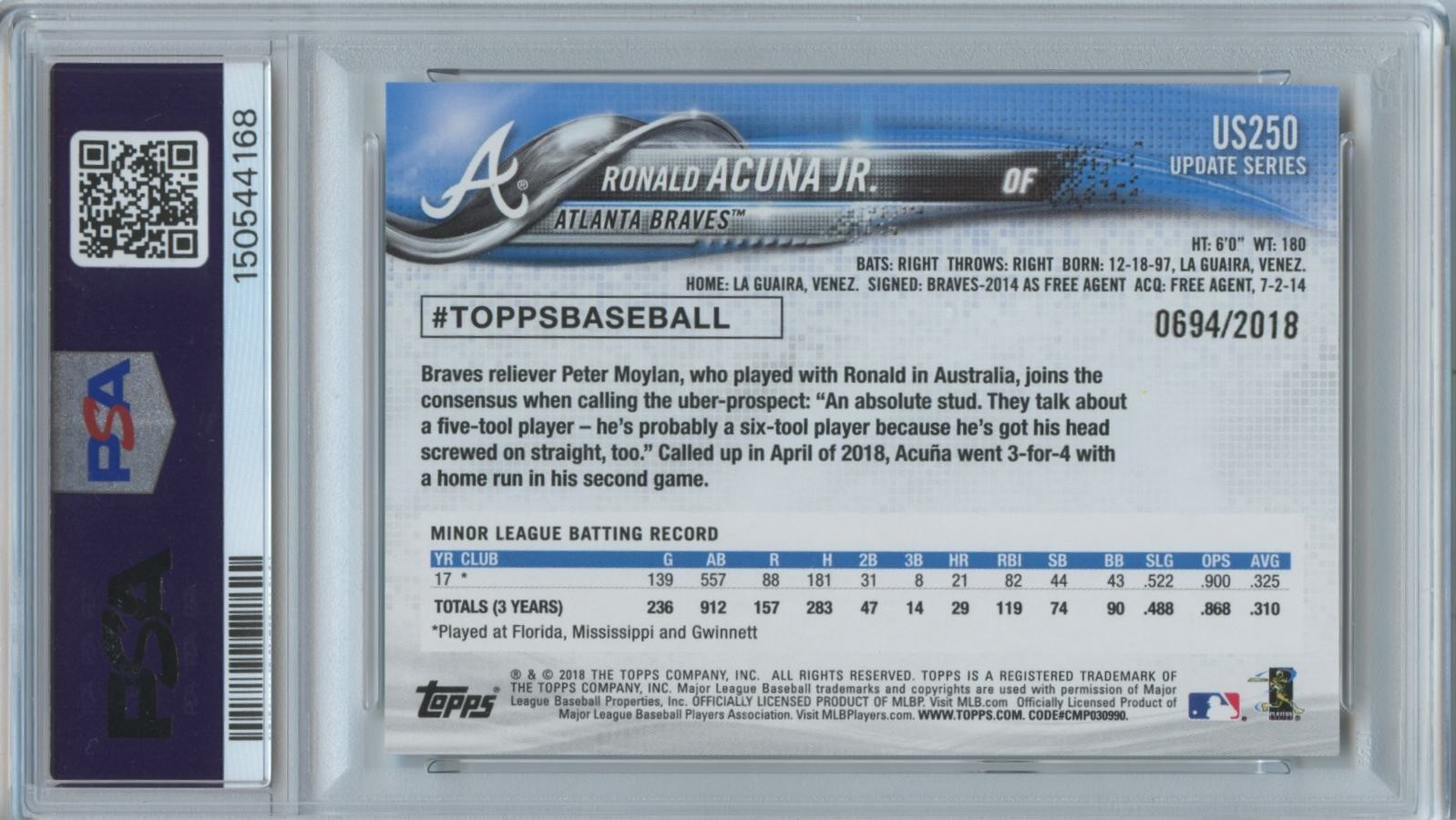 Ronald Acuna Jr. 2018 Topps Update GOLD Rookie RC Atlanta Braves 694/2018 PSA 10
