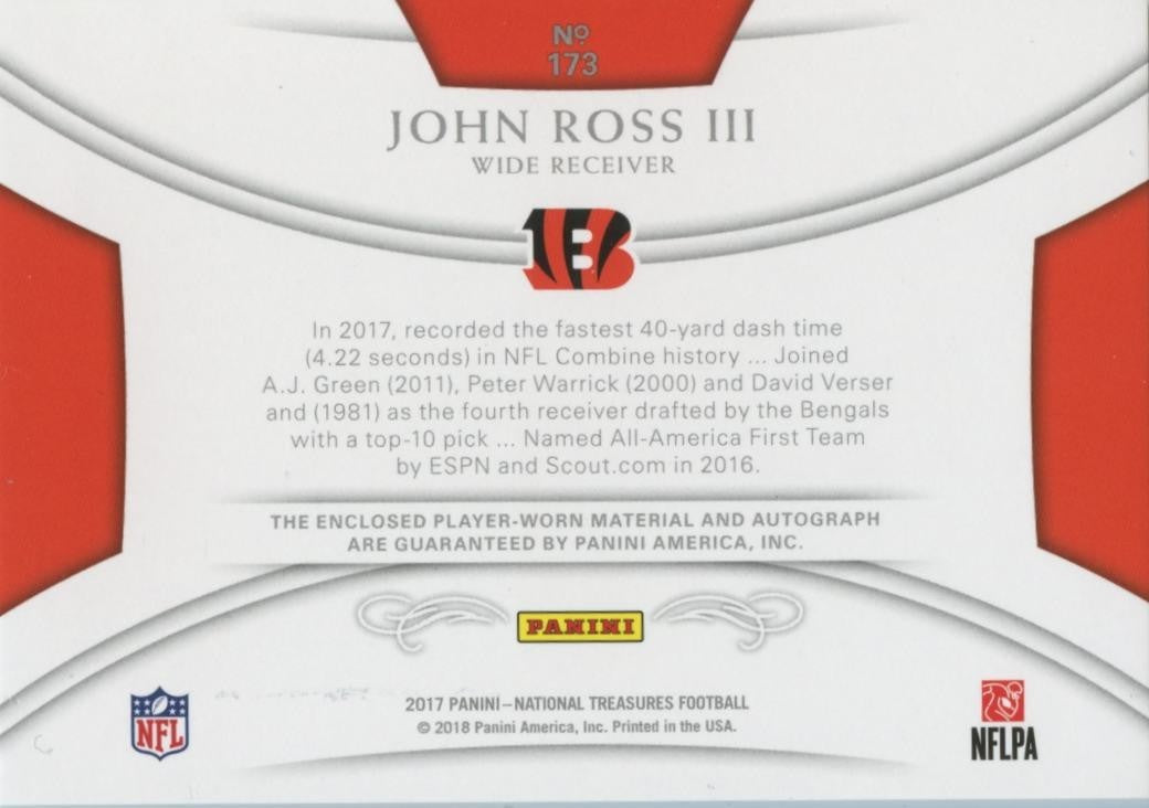 John Ross 2017 National Treasures Auto Autograph Patch RC Bengals 8/10 #173