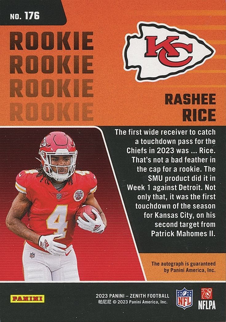 Rashee Rice 2023 Zenith Auto Autograph RC Rookie Kansas City Chiefs 10/25