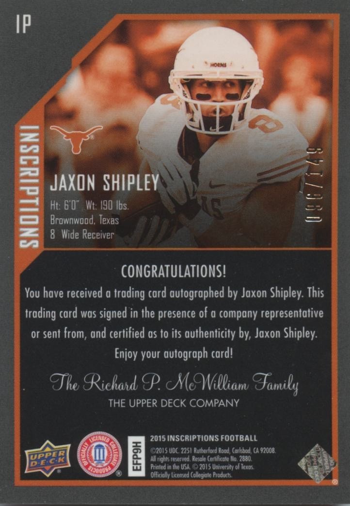 Jaxon Shipley 2015 Upper Deck Inscription Autograph "Hook Em" Longhorns 96/149