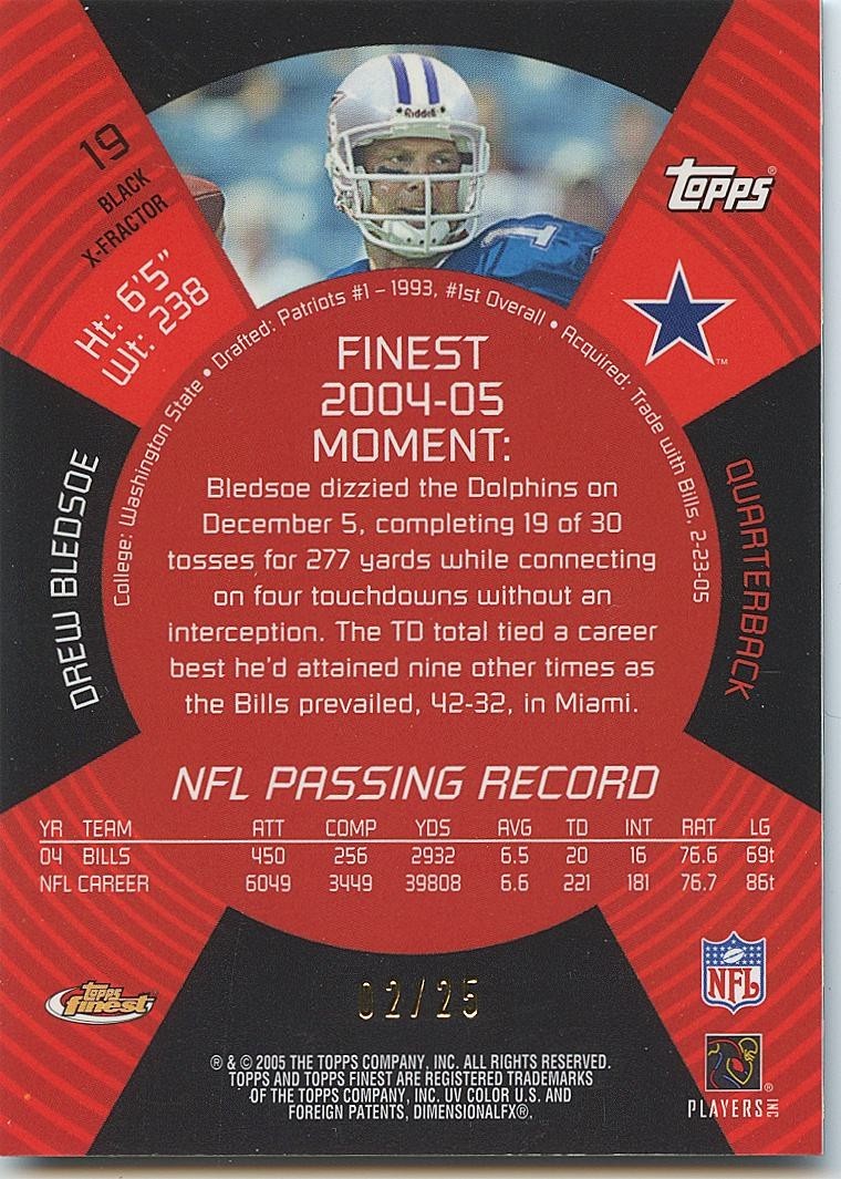 Drew Bledsoe 2005 Topps Finest Black XFractor SSP Dallas Cowboys 2/25 #19