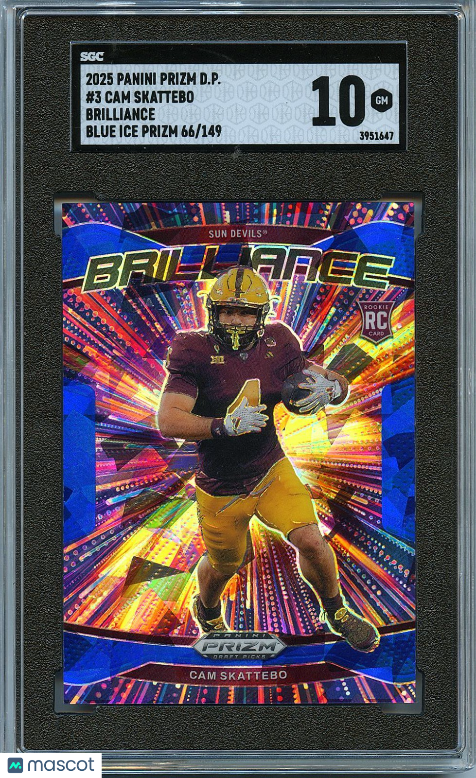 Cam Skattebo 2025 Prizm Draft Brilliance Blue Ice RC Rookie Giants 66/149 SGC 10
