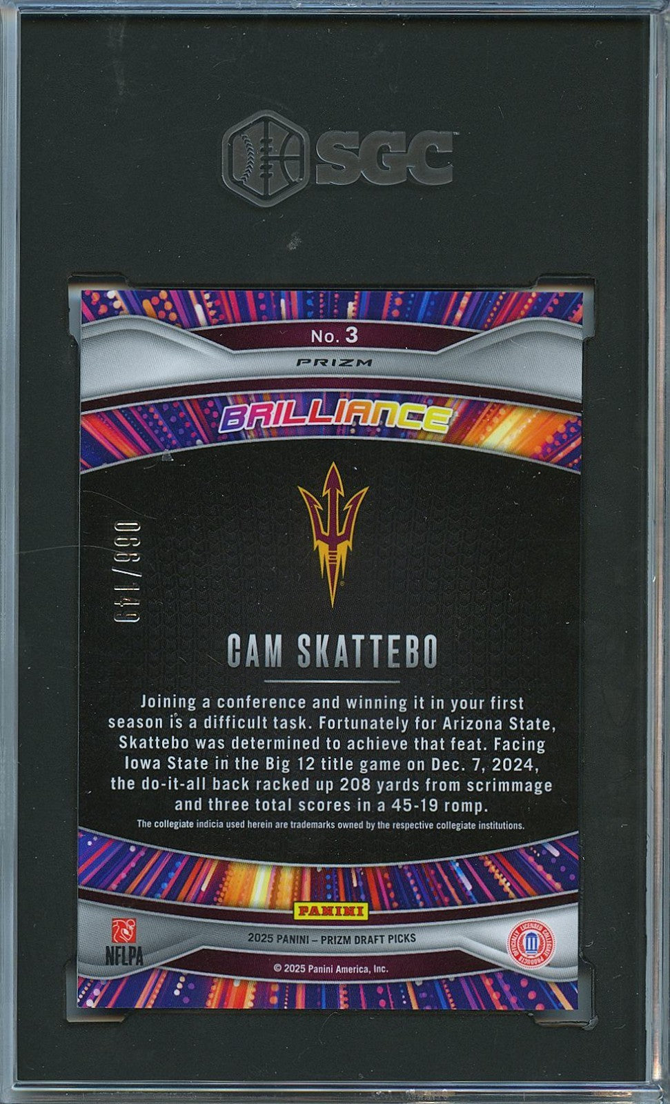 Cam Skattebo 2025 Prizm Draft Brilliance Blue Ice RC Rookie Giants 66/149 SGC 10