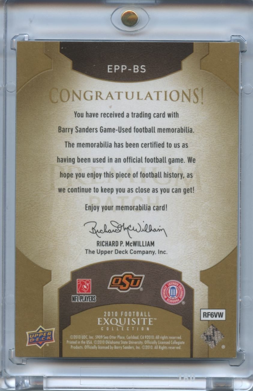 Barry Sanders 2010 Upper Deck Exquisite 3 Color Game Worn Patch Lions 69/75