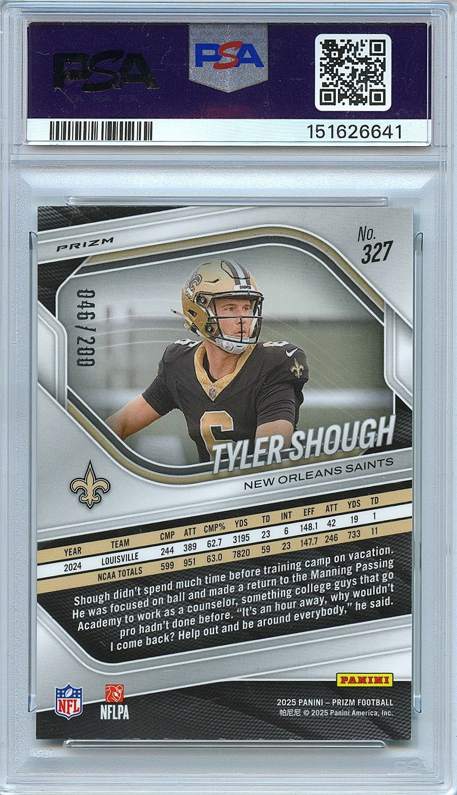 Tyler Shough 2025 Prizm Hyper Prizm Rookie RC New Orleans Saints 46/200 PSA 8
