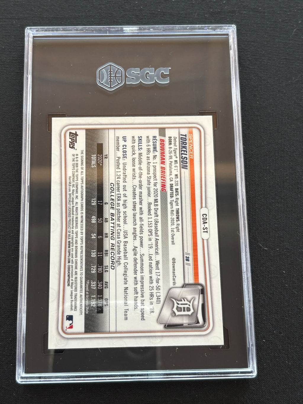 Spencer Torkelson 2020 Bowman Chrome Purple 1st Auto Autograph RC 37/250 SGC 10