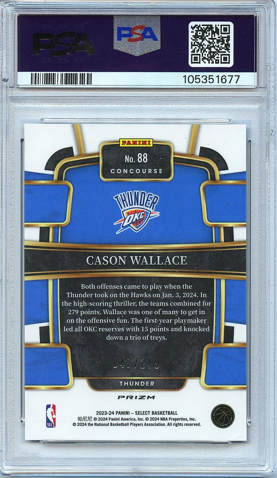 Cason Wallace 2023-24 Select Blue Scope Rookie RC OKC Thunder 47/249 PSA 10