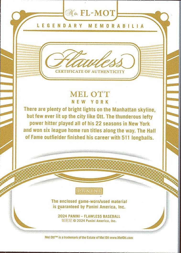 Mel Ott 2024 Flawless Ruby Game Worn Jersey Patch New York Giants 9/20