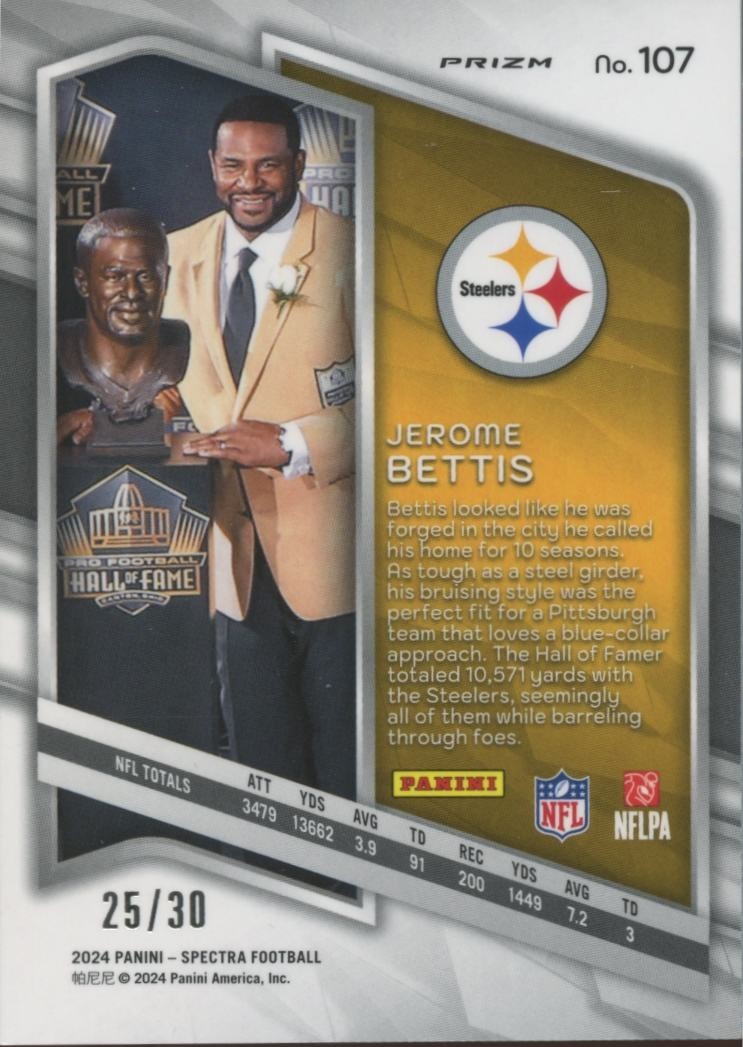Jerome Bettis 2024 Spectra Hall Of Fame Spectris Prizm Pittsburgh Steelers 25/30