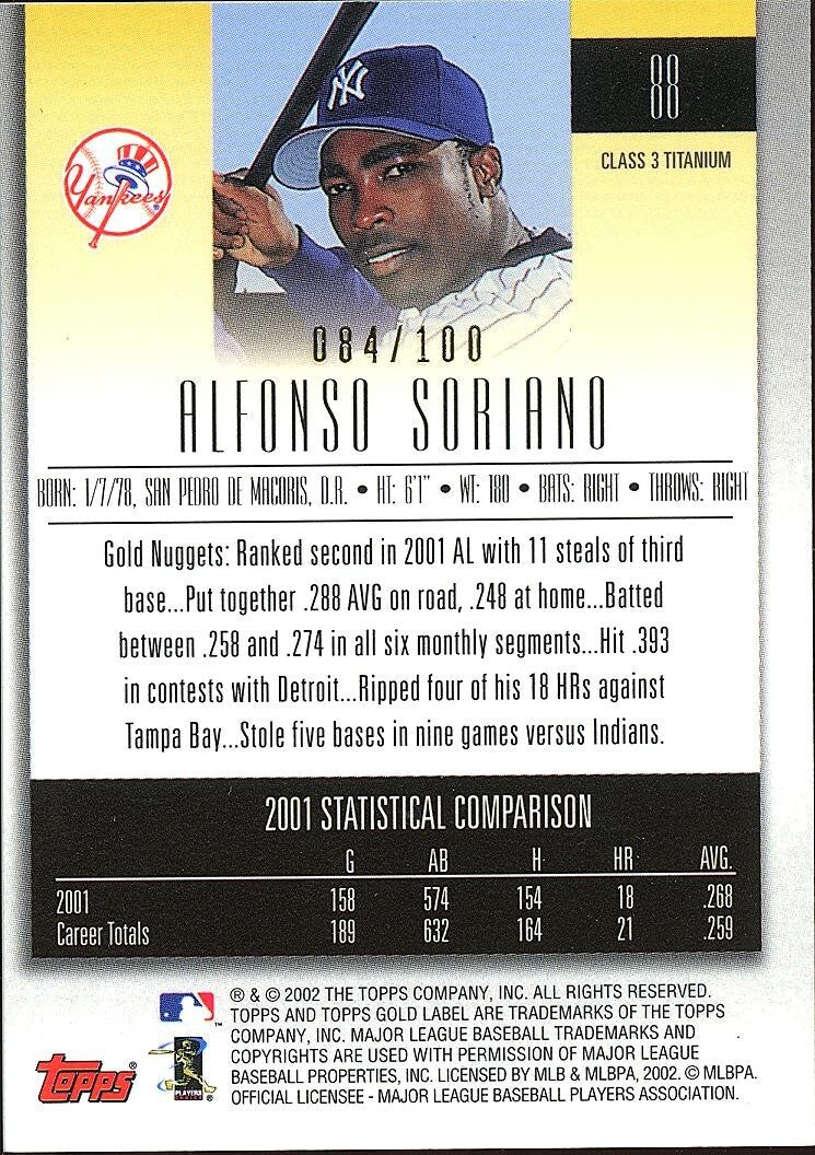 Alfonso Soriano 2002 Topps Gold Label  Class 3 Titanium New York Yankees 84/100