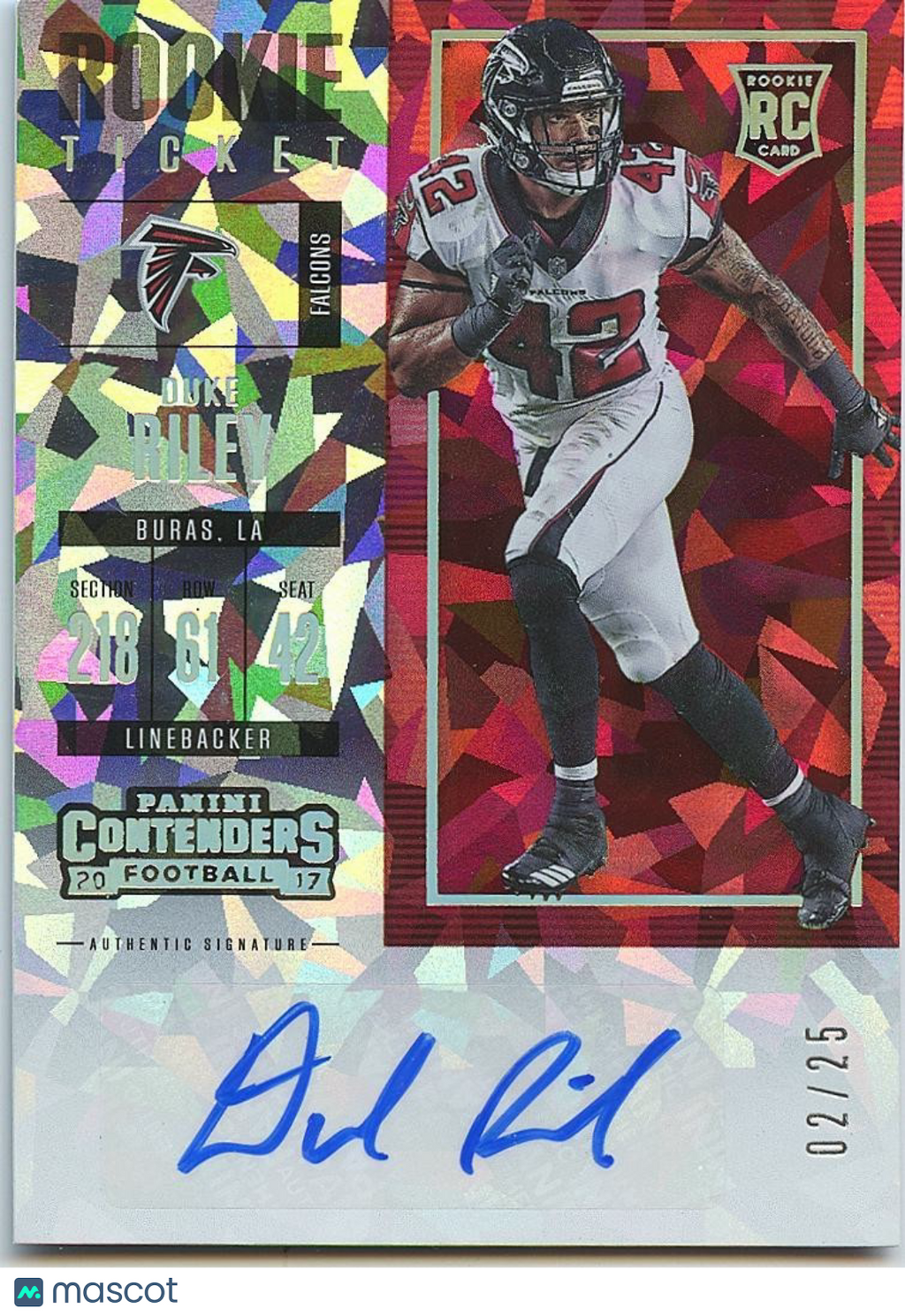 Duke Riley 2017 Contenders Auto Autograph Cracked Ice RC Falcons LSU 2/25