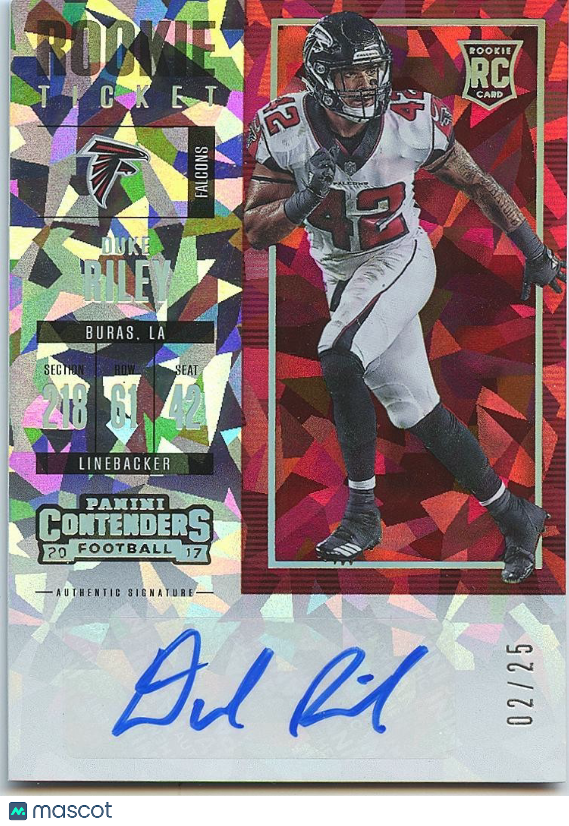 Duke Riley 2017 Contenders Auto Autograph Cracked Ice RC Falcons LSU 2/25