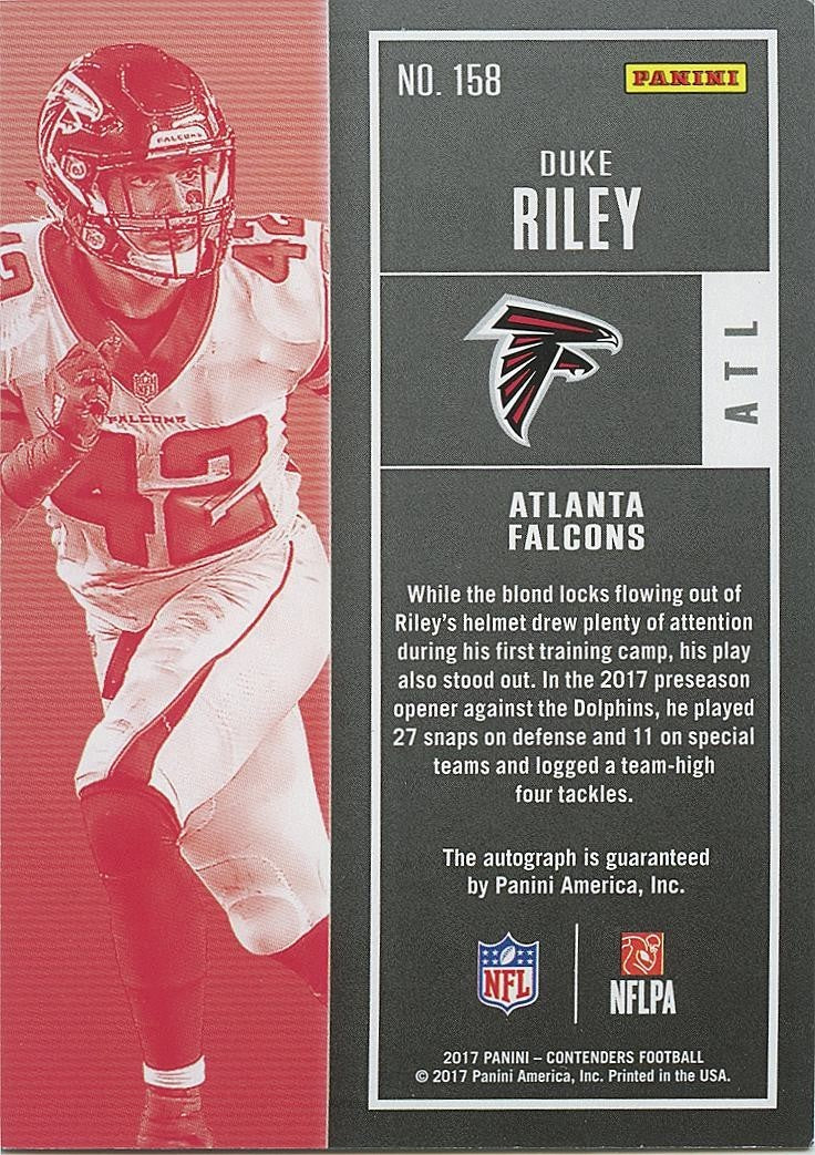 Duke Riley 2017 Contenders Auto Autograph Cracked Ice RC Falcons LSU 2/25