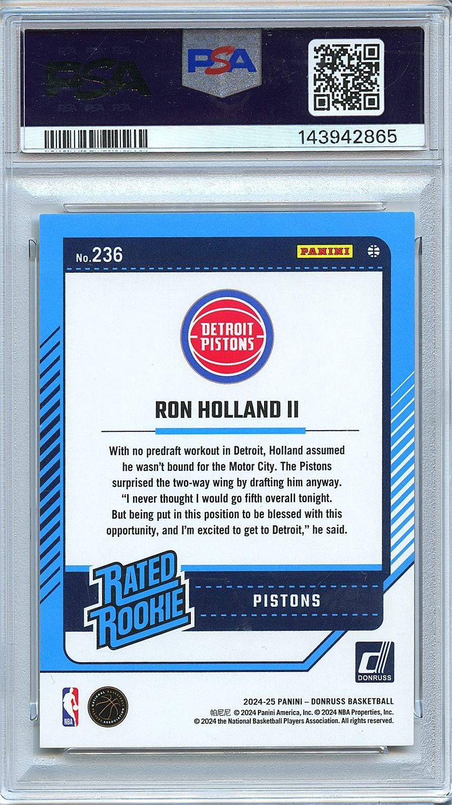 Ron Holland II 2024-25 Donruss Choice Rated Rookie GOLD SSP RC Pistons /10 PSA 9