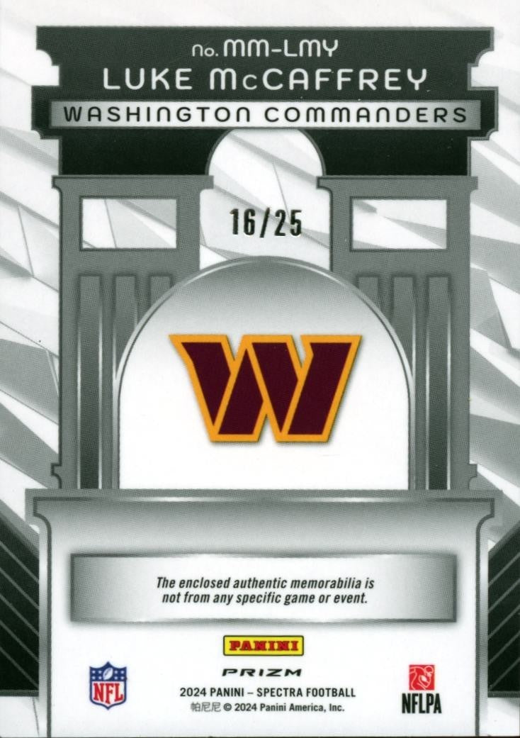 Luke Mccaffrey 2024 Spectra 3 Color Patch RC Washington Commanders 16/25