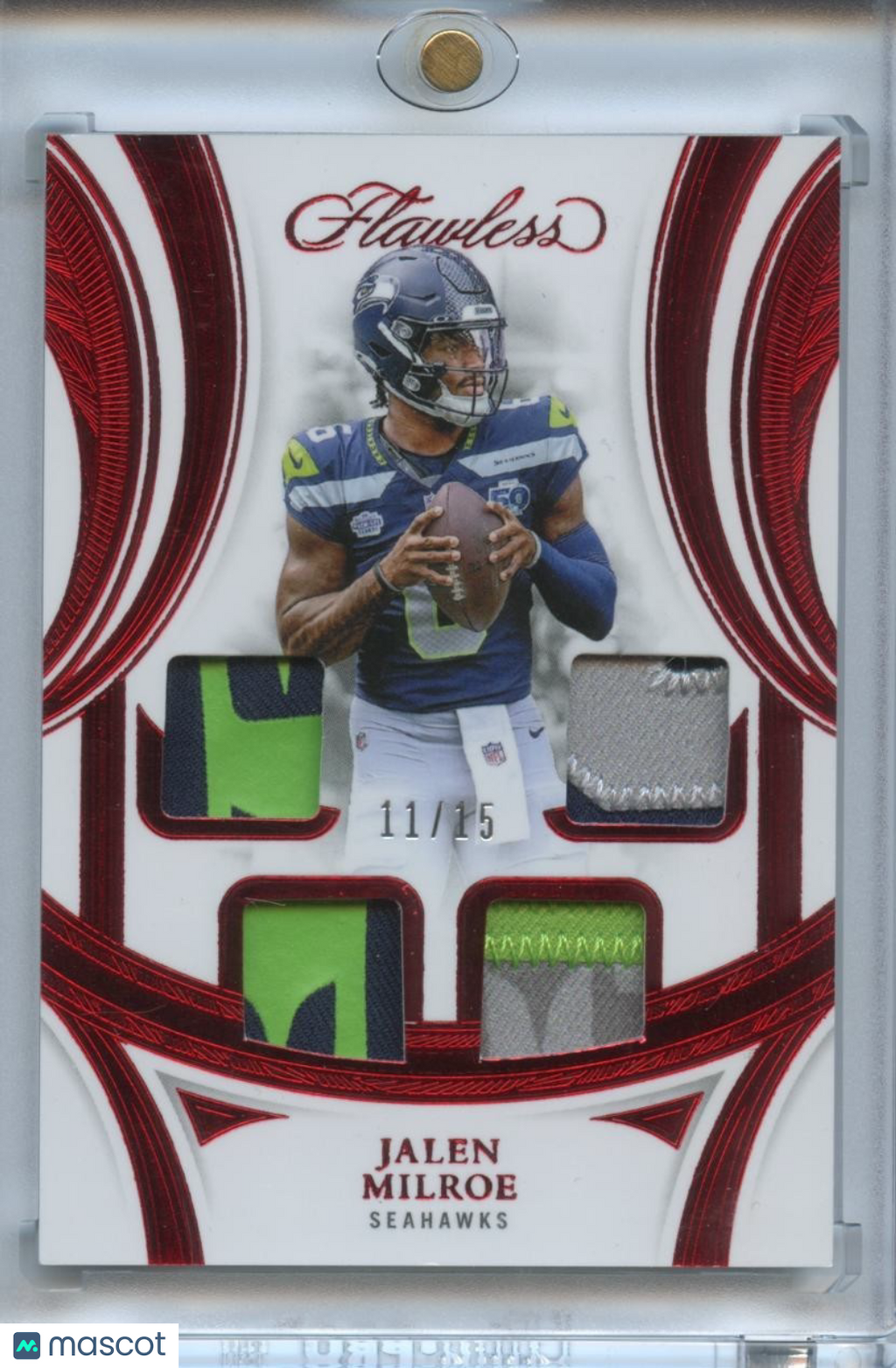 Jalen Milroe 2025 Flawless Quad Jersey Patch RC Seattle Seahawks 11/15