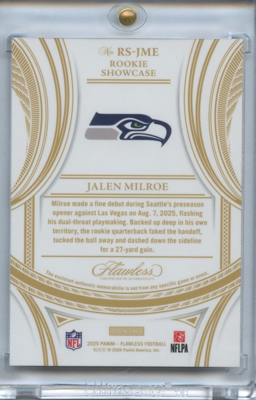 Jalen Milroe 2025 Flawless Quad Jersey Patch RC Seattle Seahawks 11/15