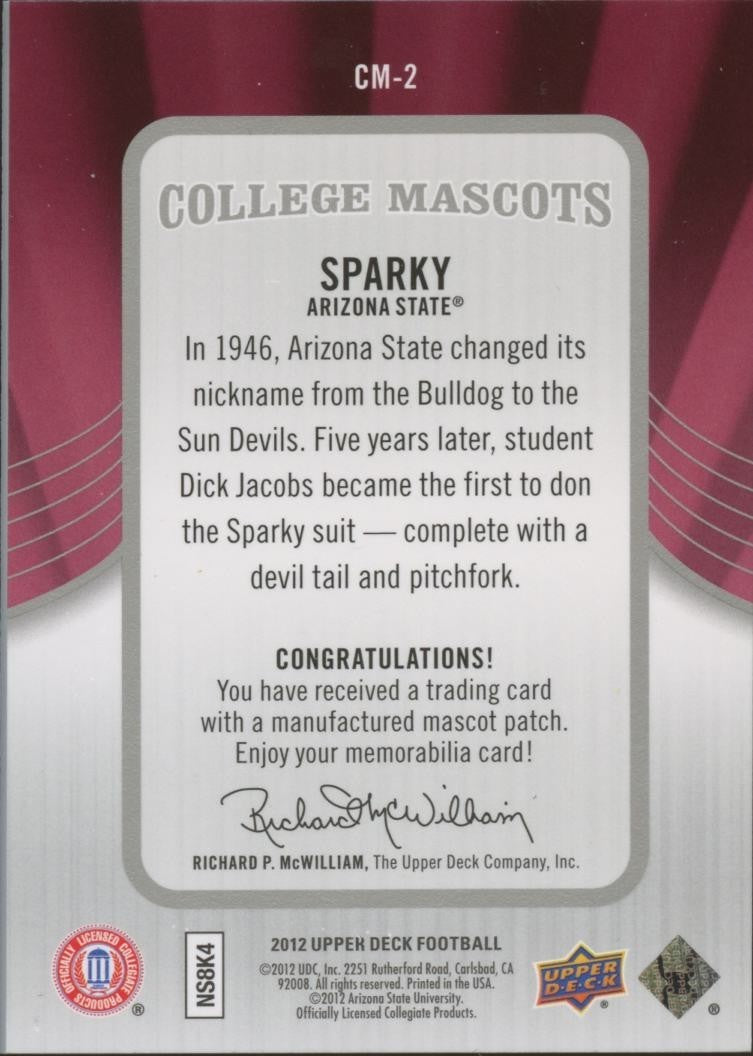 Sparky 2012 Upper Deck College Mascots Patch SSP Arizona State Sun Devils