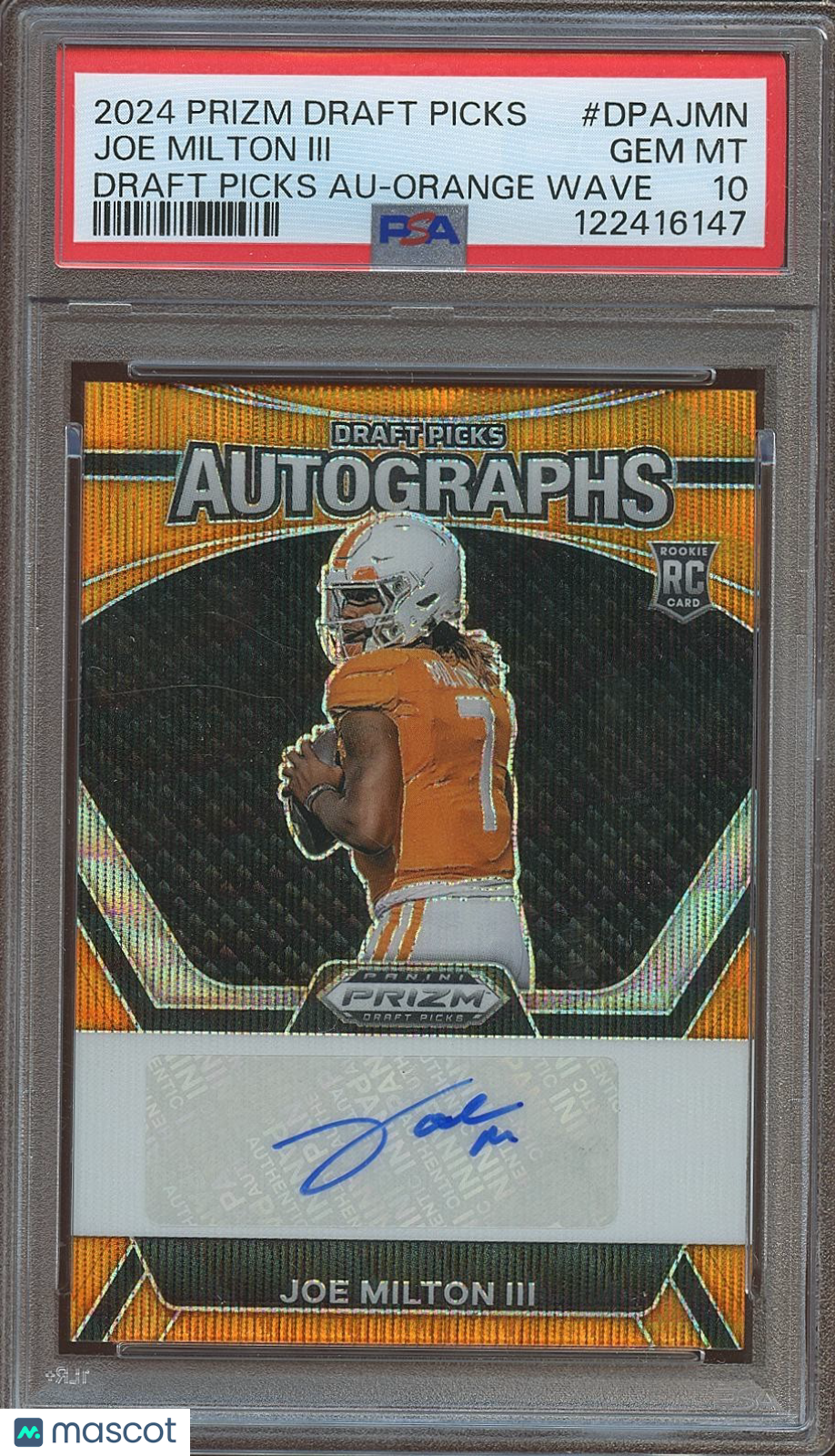Joe Milton 2024 Prizm Draft Orange Auto Autograph RC Tennessee 61/75 PSA 10