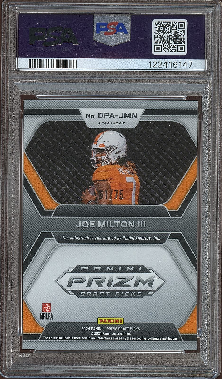 Joe Milton 2024 Prizm Draft Orange Auto Autograph RC Tennessee 61/75 PSA 10