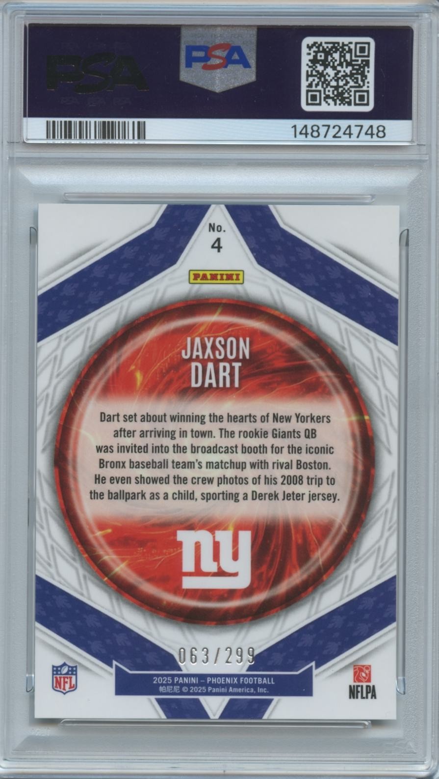Jaxson Dart 2025 Phoenix Paragon Wave Prizm Rookie RC NY Giants 63/299 PSA 10