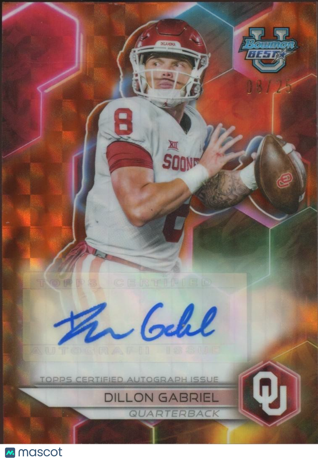 Dillon Gabriel 2023 Bowman's Best Orange Autograph JERSEY NUMBER Sooners 8/25