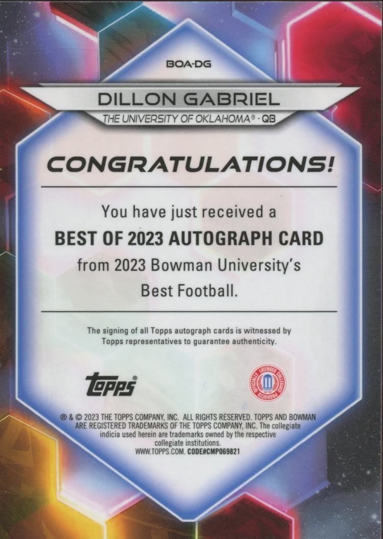 Dillon Gabriel 2023 Bowman's Best Orange Autograph JERSEY NUMBER Sooners 8/25