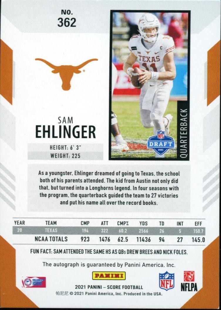 Sam Ehlinger 2021 Score GOLD Zone Auto Autograph RC Texas Longhorns 22/50