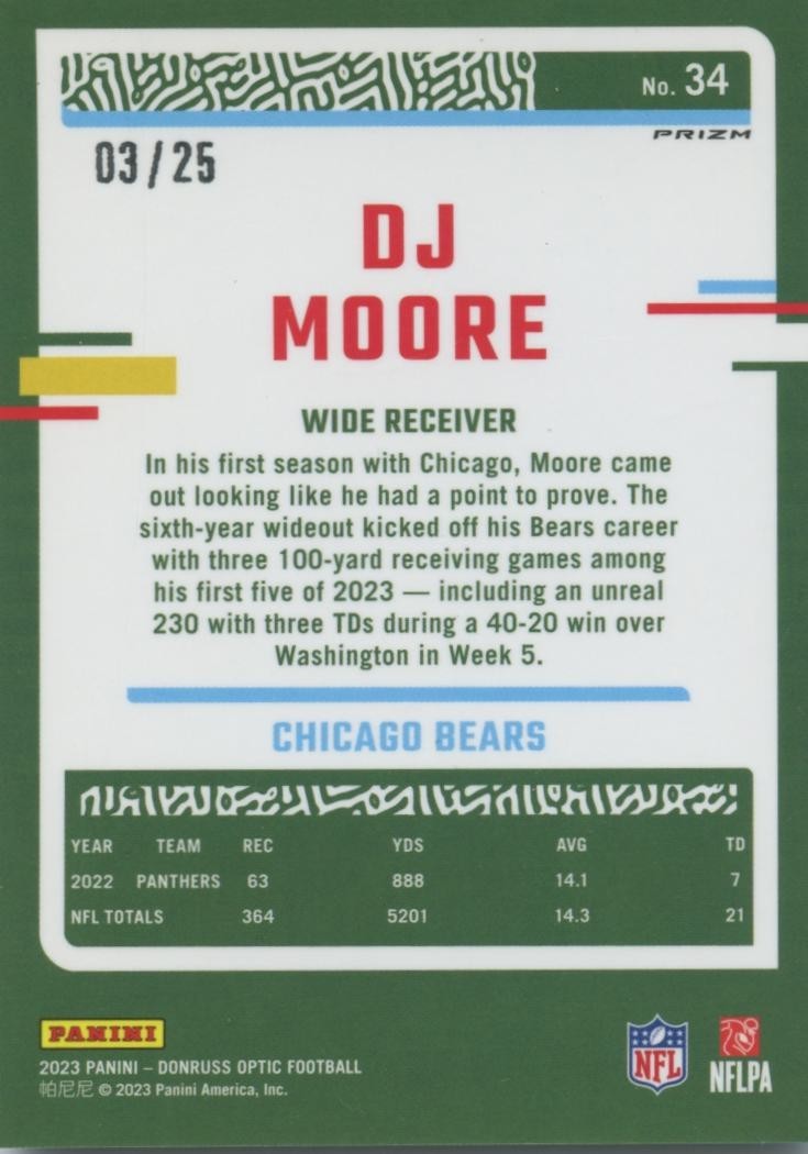 DJ Moore 2023 Optic Black Pandora Prizm SSP Chicago Bears 3/25