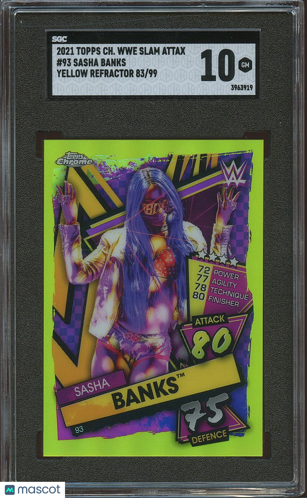 Sasha Banks 2021 Topps Chrome Slam Attax Yellow Refractor 83/99 SGC 10
