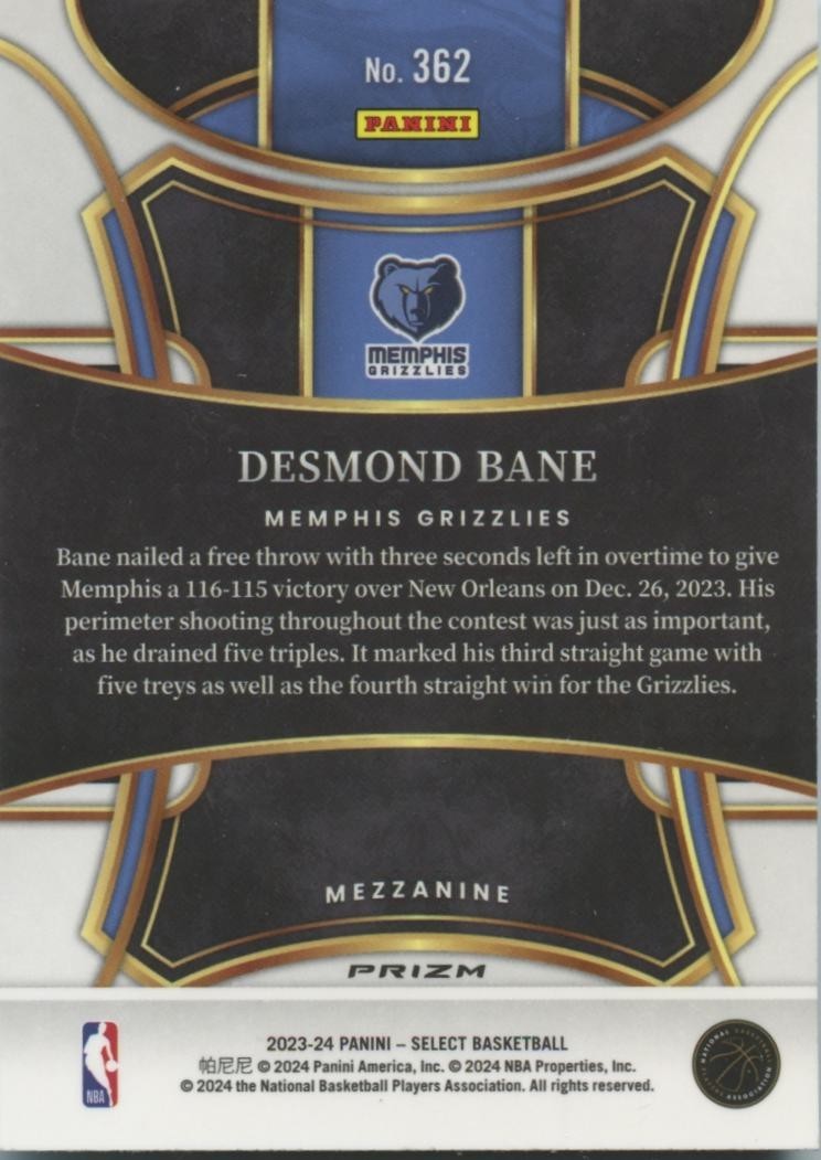 Desmond Bane 2023-24 Select Mezzanine ZEBRA Prizm SSP Memphis Grizzlies