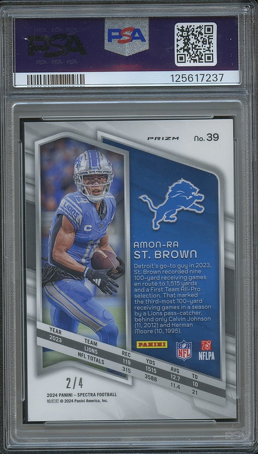Amon-Ra St. Brown 2024 Spectra Neon Marble Prizm SSP Detroit Lions 2/4 PSA 9