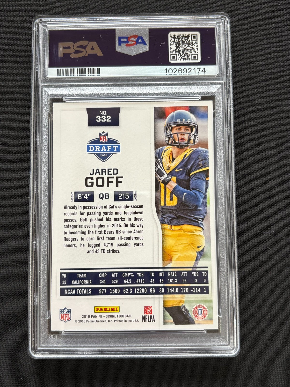 Jared Goff 2016 Score Artist's Proof Blue Rookie RC Cal Lions 22/50 PSA 9