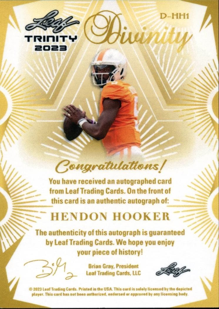 Hendon Hooker 2023 Leaf Trinity Auto Autograph RC Tennessee Detroit Lions 6/10