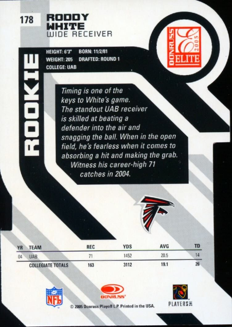 Roddy White 2005 Donruss Elite Blue Aspirations Rookie RC Atlanta Falcons 68/90