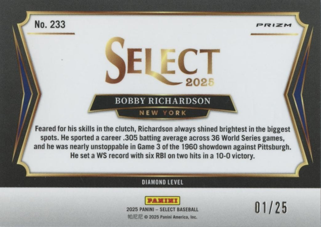 Bobby Richardson 2025 Select Suite Level Tie-Dye Prizm New York Yankees 1/25