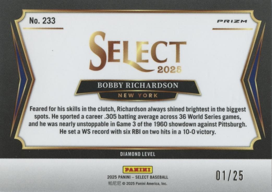 Bobby Richardson 2025 Select Suite Level Tie-Dye Prizm New York Yankees 1/25