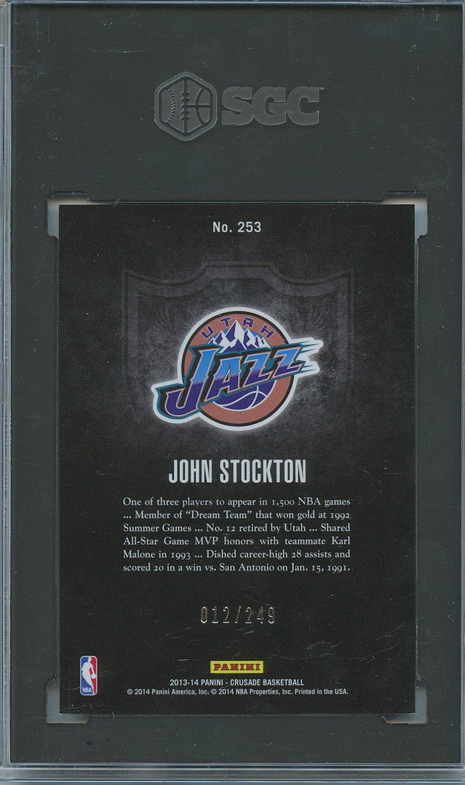 John Stockton 2013-14 Panini Crusade Teal Utah Jazz JERSEY NUMBER 12/249 SGC 9.5
