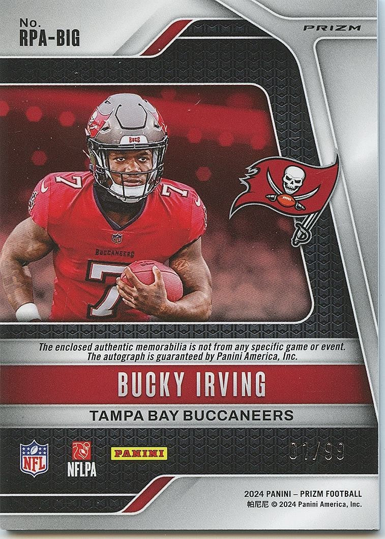 Bucky Irving 2024 Prizm Auto Autograph Patch Rookie RC Tampa Bay Buccaneers 1/99