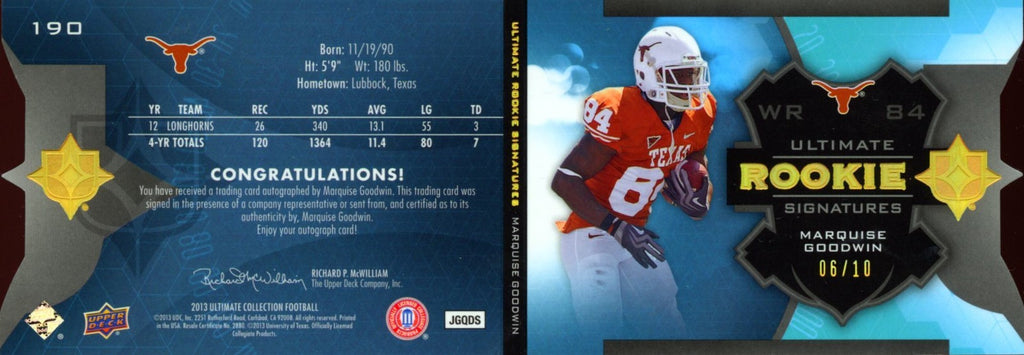 Marquise Goodwin 2013 Ultimate Collection Auto Autograph Texas Longhorns 6/10