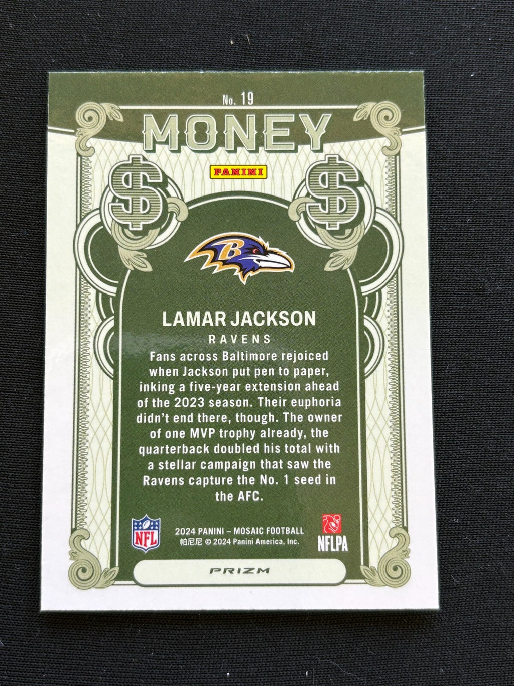 Lamar Jackson 2024 Mosaic Money CASE HIT SSP Baltimore Ravens