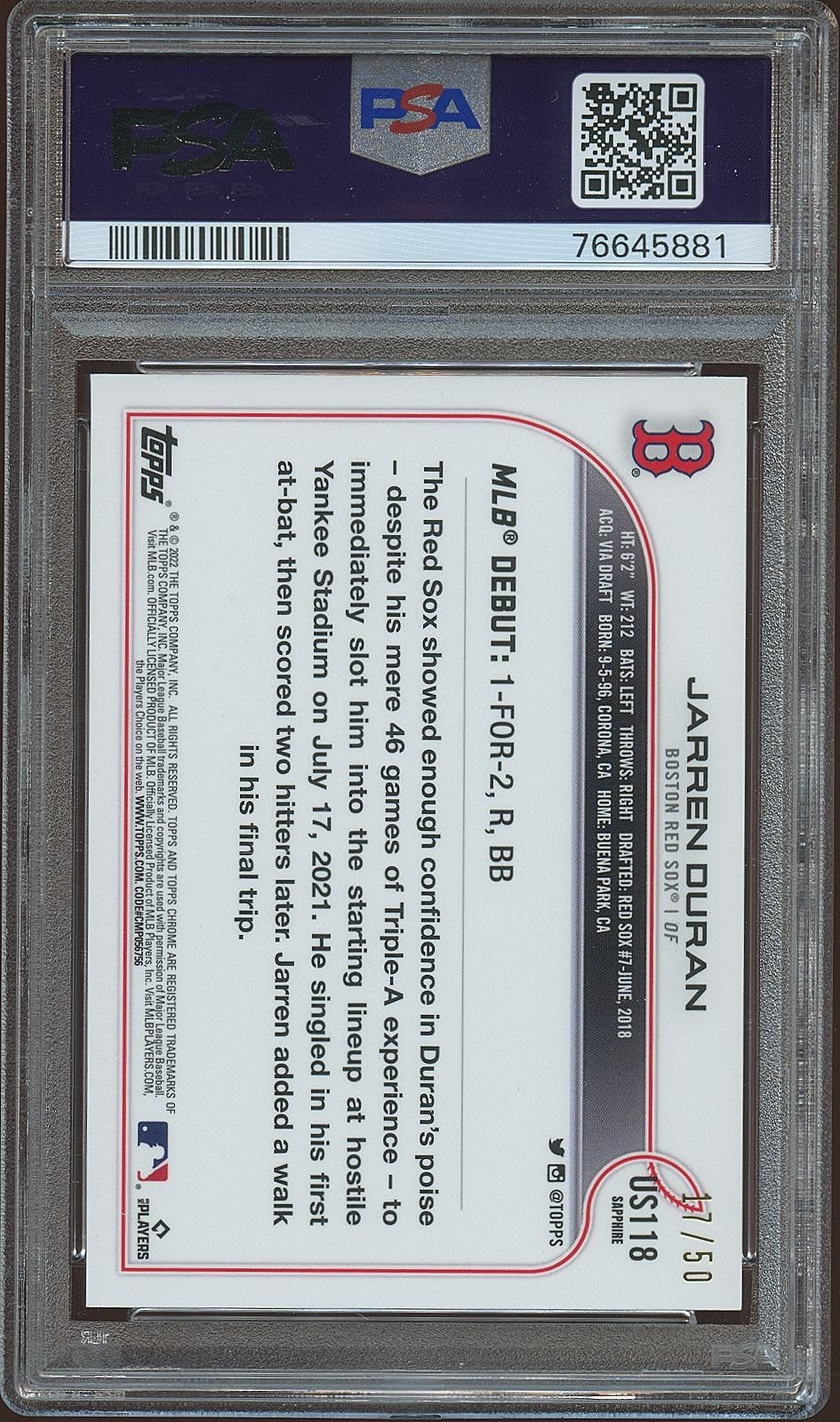 Jarren Duran 2022 Topps Chrome Sapphire GOLD Refractor RC Red Sox 17/50 PSA 9
