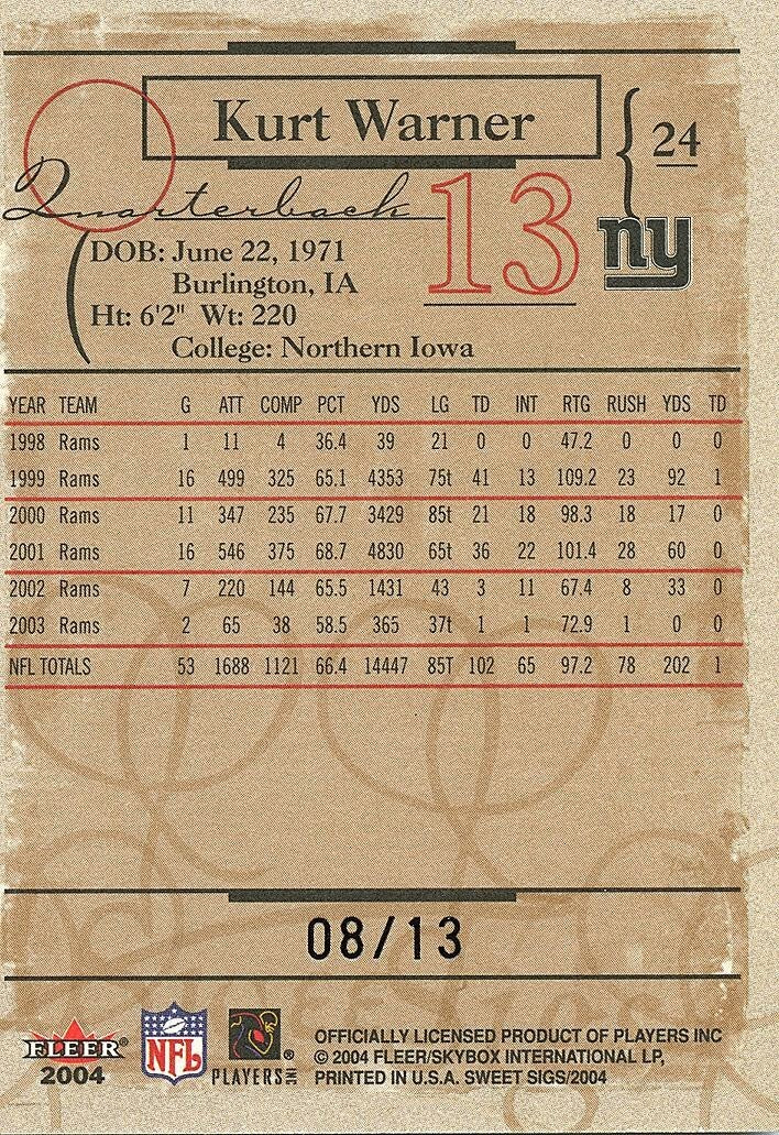Kurt Warner 2004 Fleer Sweet Sigs Black SSP RARE New York Giants 8/13 #24