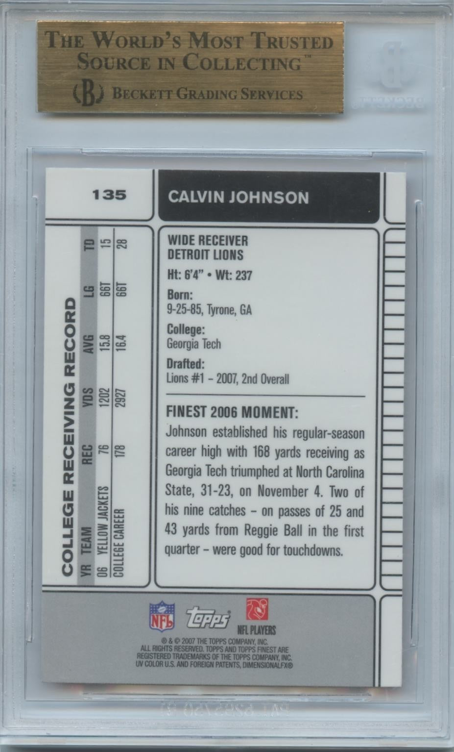 Calvin Johnson 2007 Topps Finest Rookie RC Detroit Lions #135 BGS 9.5